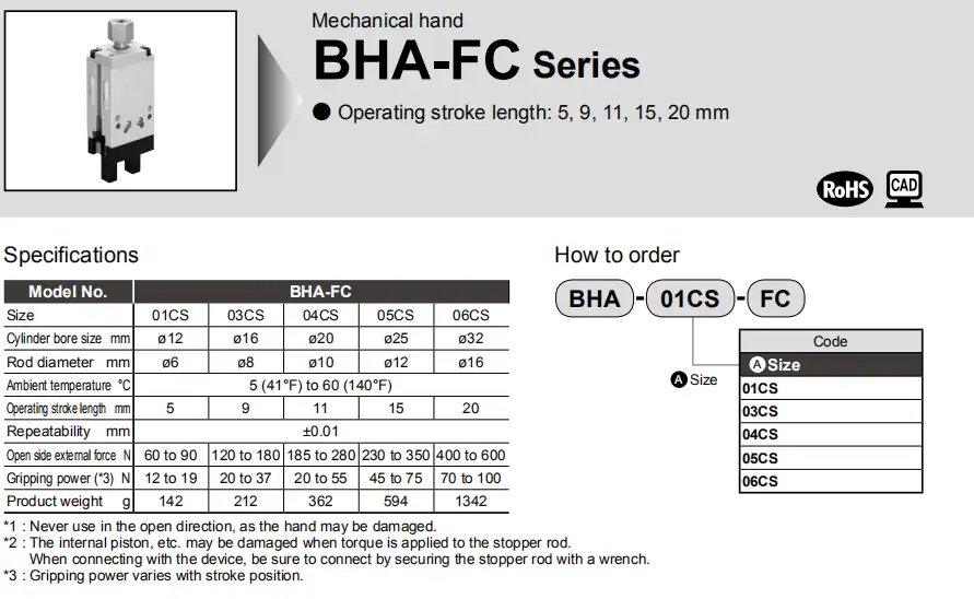 Tay kẹp Robot CKD BHA- FC 2 Thông số Tay kẹp Robot CKD BHA- FC