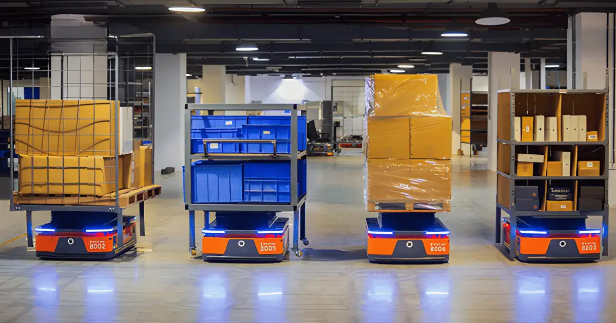 Tổng hợp các thiết bị robot tự động hóa trong sản xuất công nghiệp 4 Robot tự hành đang chở hàng trong kho