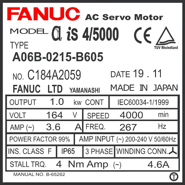 Động cơ AC robot Fanuc A06B-0215-B605 3 Động cơ Servo AC Fanuc A06B-0215-B605