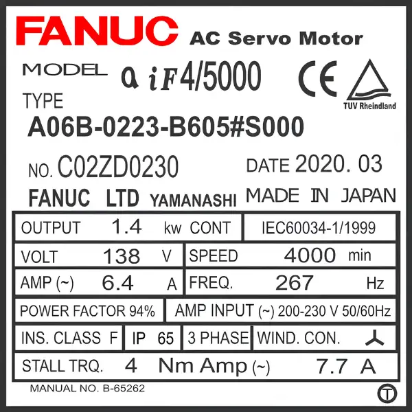 Động cơ AC Robot Fanuc A06B-0223-B605#S000 3 Động cơ Servo AC Fanuc A06B-0223-B605#S000