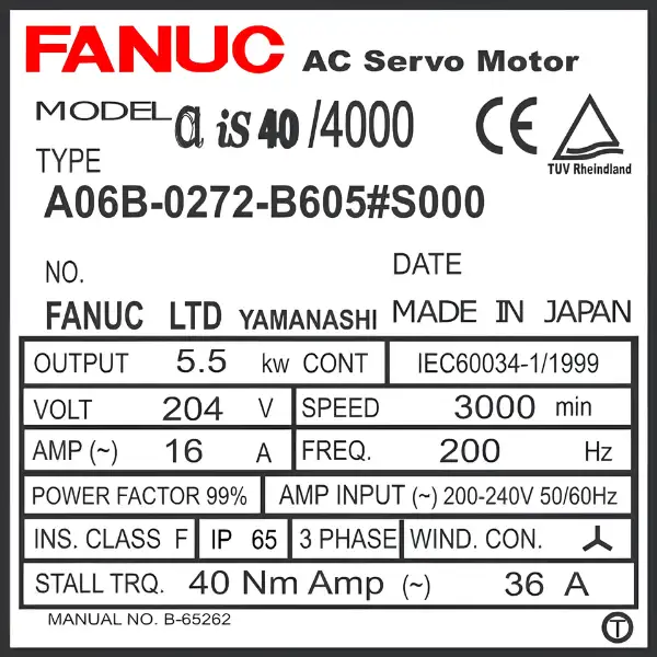 Động cơ AC Robot Fanuc A06B-0272-B605#S000 3 Động cơ Servo AC Fanuc A06B-0272-B605#S000